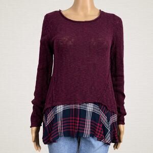 Cloud Chaser Marled Burgundy Black Slub Knit Shirt Large Plaid Ruffle Hem